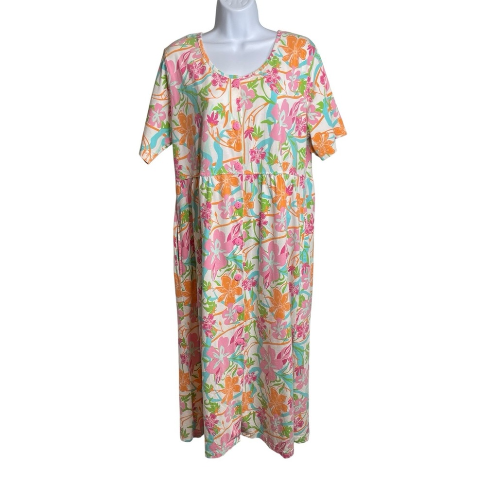 VTG 70s Leisure Life Hawaiian Floral Tropical Kaftan Muumuu Dress Est. Sz L Boho
